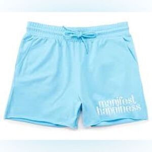 Women's Small "Manifest Happiness" Blue Shorts 2XL cotton casual basic
